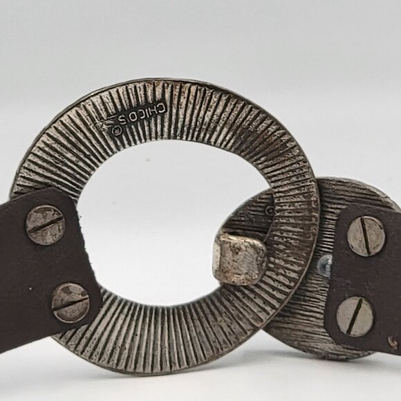 Chicos Brown Adjustable Leather Belt With Textured Silver & Gold Tone Metal Buck - Picture 12 of 16